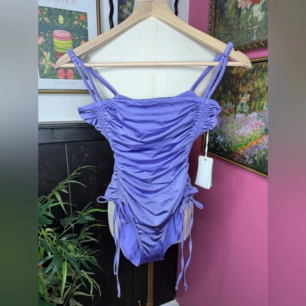 NWT Good American Metallic Purple One Piece Swimsuit Ruched Sz 2